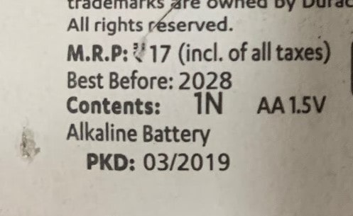 Date of manufacture of battery