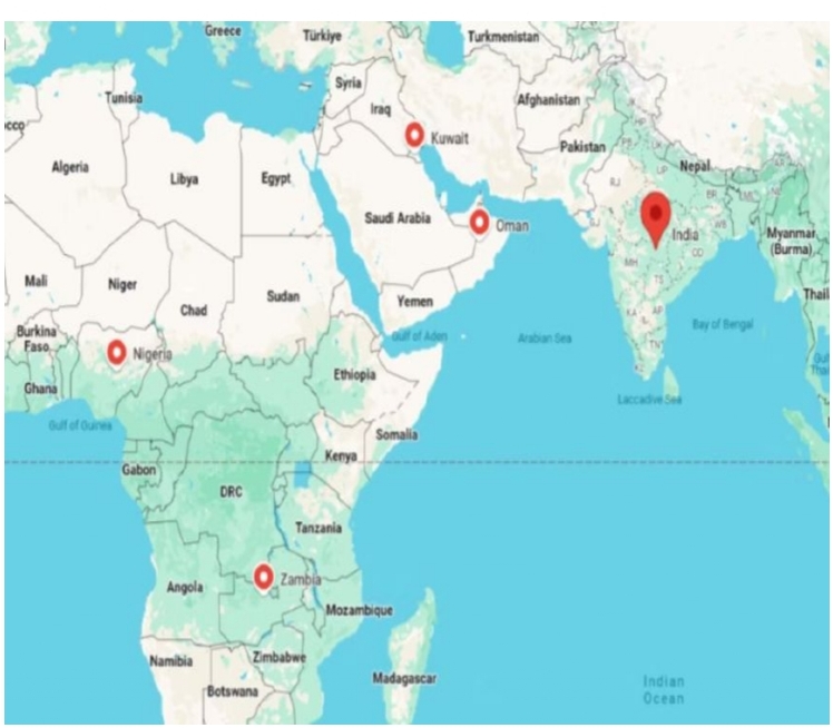 Map showing Anand Systems Engineering's global export reach including UAE, Oman, and Africa