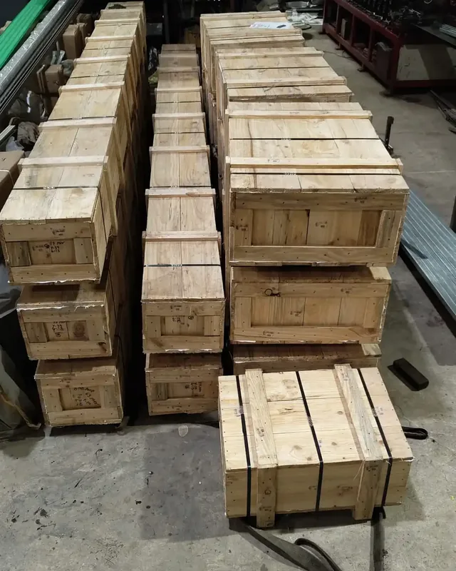 Wooden DSL busbar packing boxes stacked ready for dispatch
