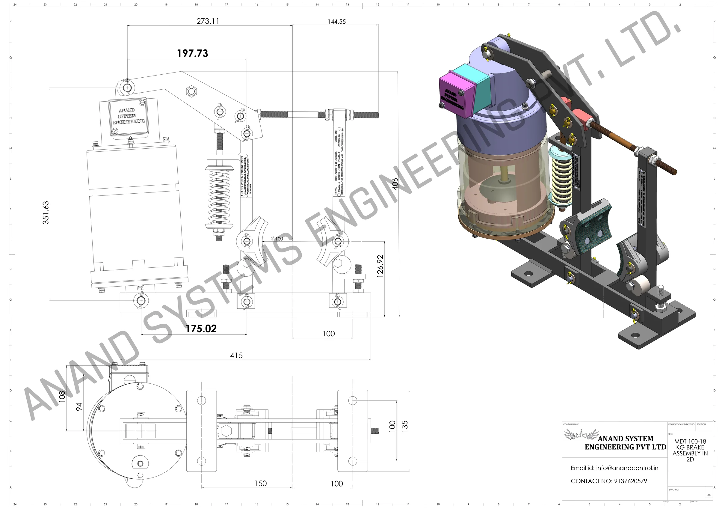 Detailed 2D Technical Drawing of MDT 100-18 Thruster Brake with dimensions